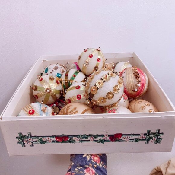 Vintage Handmade Beaded Diamond Crusted Sequins Christmas Ball Ornament Set of 9 - Picture 1 of 8